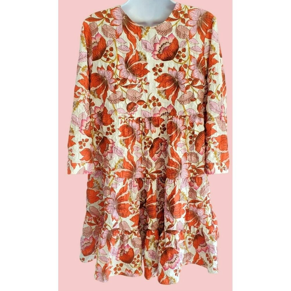 Zara Womens Red Pink Floral Tiered Ruffle Dress Long Sleeve Medium Bohemian